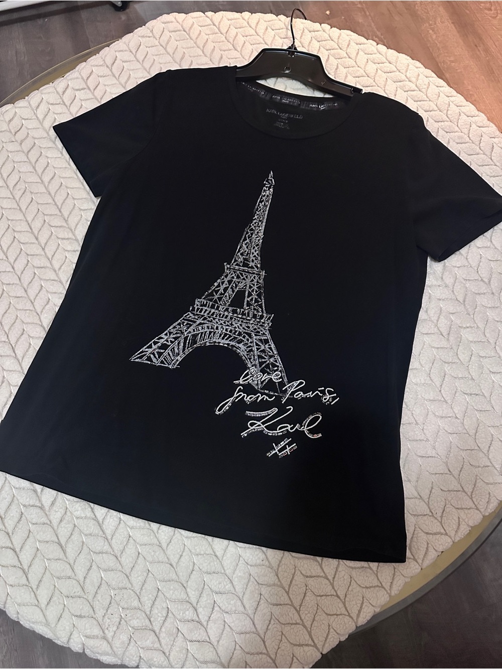 Karl Lagerfeld Black Tee with Silver Eiffel Tower Graphic